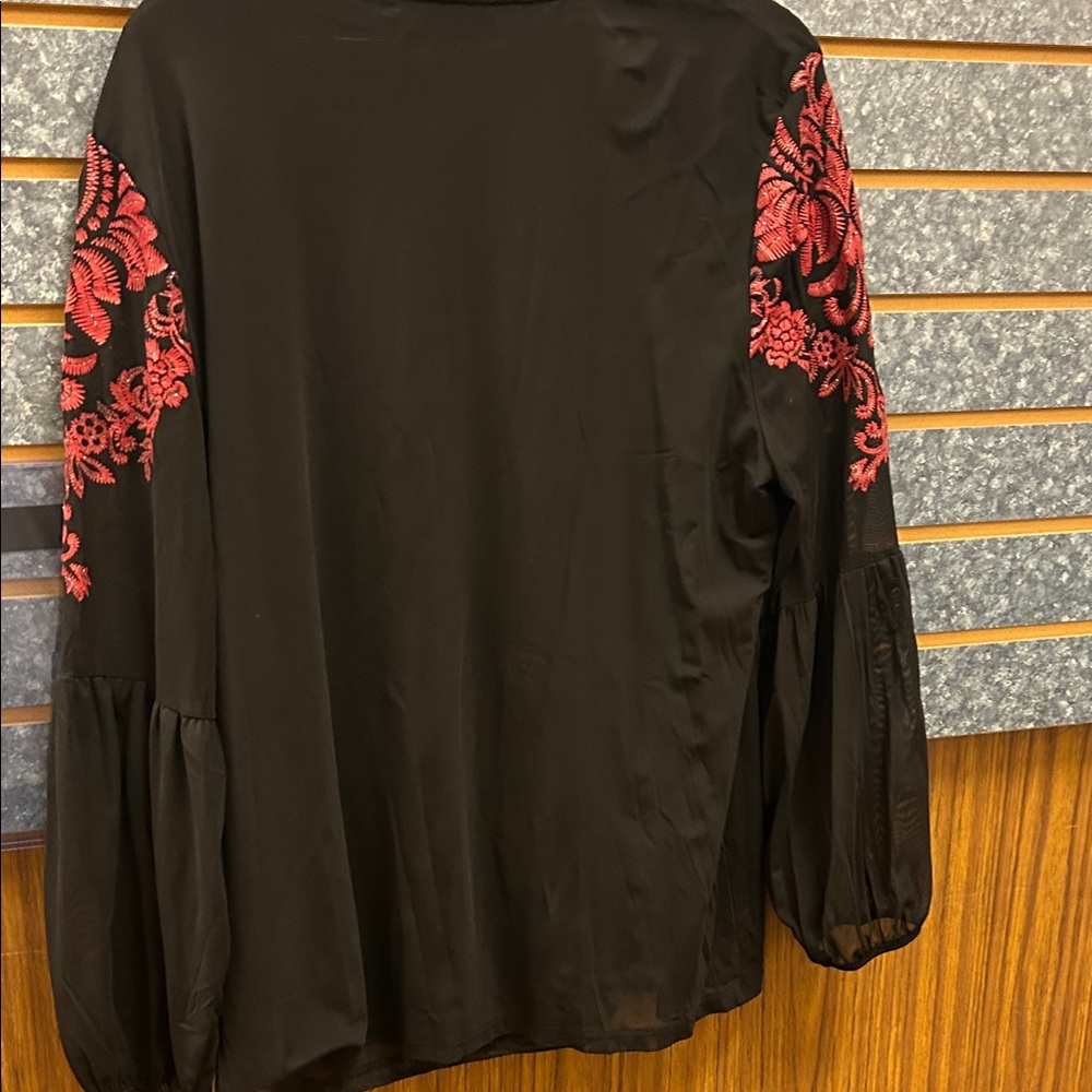 JM Collection Black Blouse with Red Embroidery - Picture 5 of 5